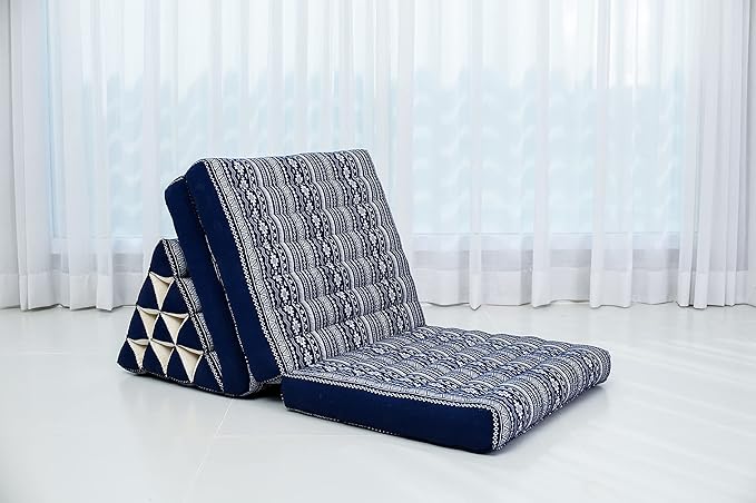 Leewadee - Comfortable Japanese Floor Mattress - Thai Floor Bed with Triangle Cushion - Futon Mattress - Thai Massage Mat, 67 x 21 inches, Blue White, Kapok Filling