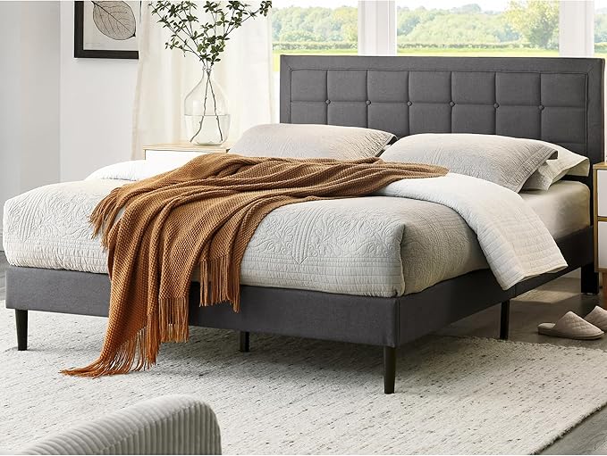 Decoro Mornington Upholstered 2.0 Platform Bed, Button-Tufted Fabric Headboard and Metal Frame with Wood Slat Support, Light Grey, Full