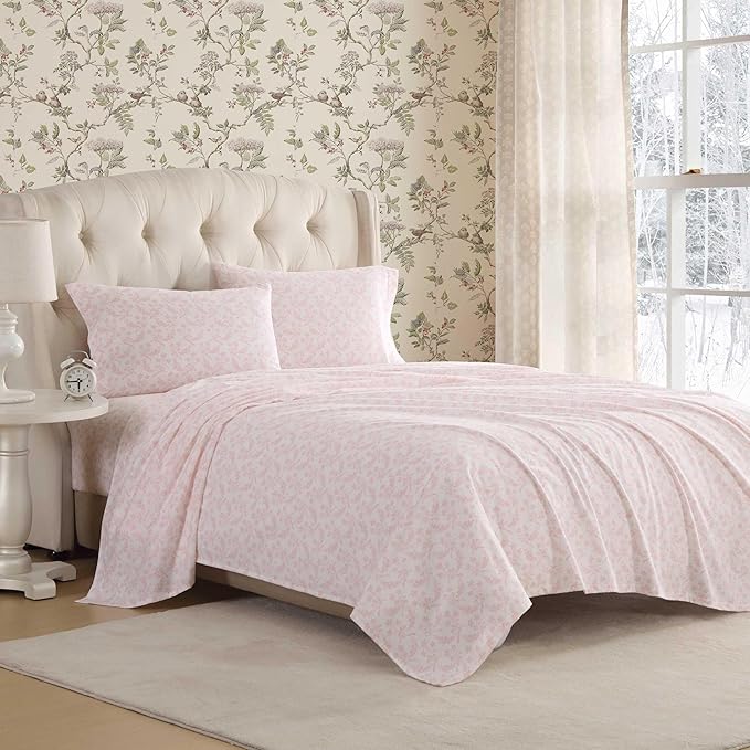 Laura Ashley - Flannel Sheets Queen Size, Anti-Pilling & Wrinkle Resistant Cotton, Touchably Soft for All-Season Comfort - Bed Sheets with Matching Pillowcases & Fitted Sheet (Antoinette Pink)