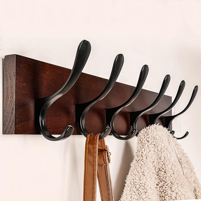 SKOLOO Coat Rack Wall Mount - Wooden Brown Wall Coat Hook, Pack of 2, Wall Coat Hanger Rack with 6 Hooks for Hanging Coats, Hats, Clothing, Scarfs, Brown & Black