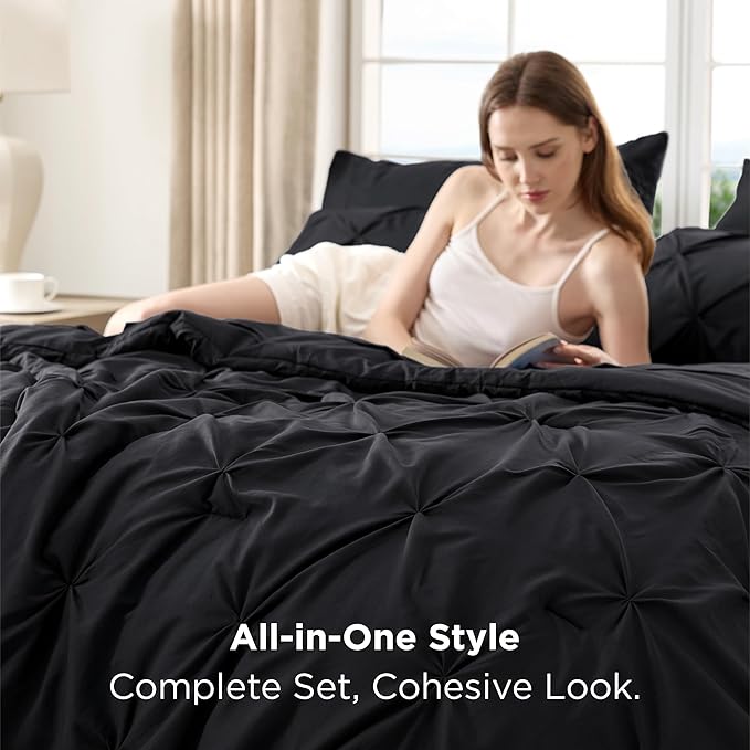 Bedsure California King Comforter Set Black - Bed in a Bag Cal King Bedding Set 7 Pieces, GentleSoft™ Pintuck Bed Set Gift for Family, Pinch Pleat Black Comforter with Sheets, Pillowcases & Shams