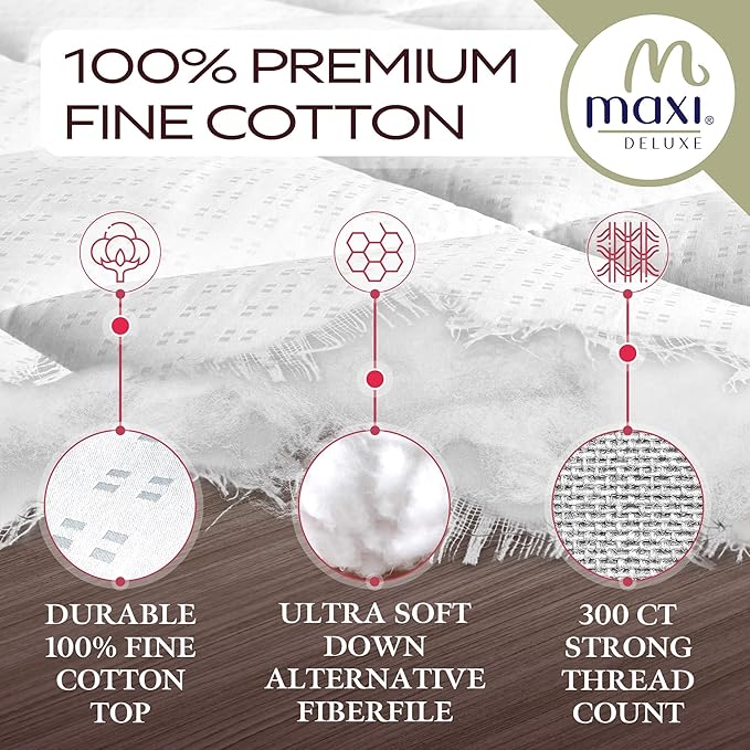 MAXI Full XL Mattress Pad - Luxurious Cotton Sateen Mattress Protector - Soft, Comfortable, and Breatheable Mattress Cover - Mattress Pad Protects Mattress from Dust, Dirt, Spills, and Stains.