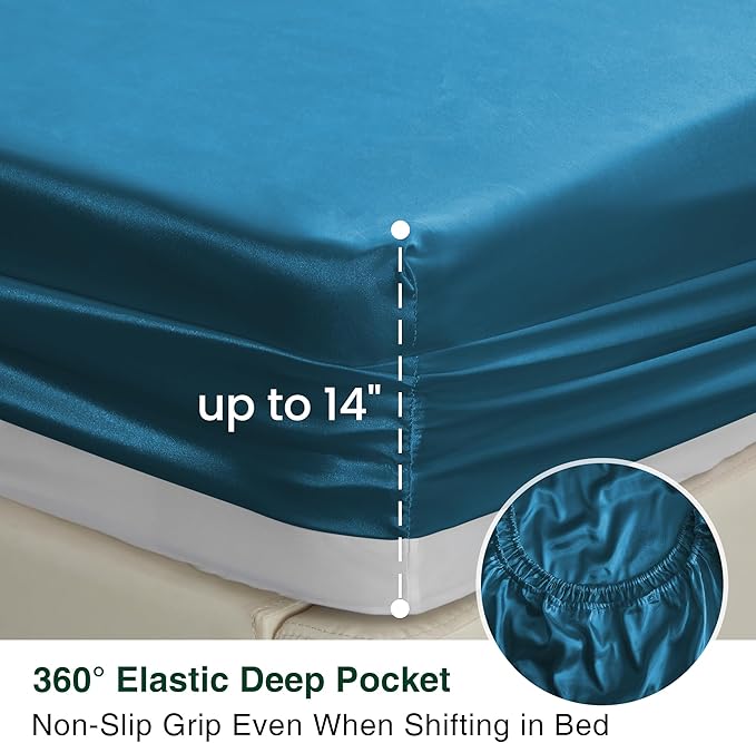 Love's cabin Twin Satin Sheets Sets - 3 Piece Teal Silky Bed Sheets with Deep Pockets, Luxury Silk Feel Satin Twin Size Sheet Set Bedding Set (1 Flat Sheet,1 Fitted Sheet,1 Pillow case)