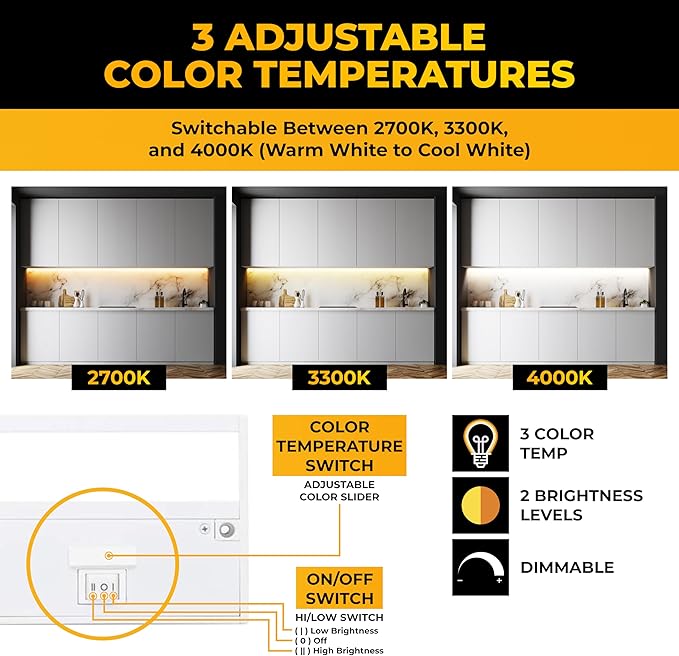 LED Under Cabinet Lighting Hardwired - 3CCT 12 Inch White Finish - Undercabinet Lights for Kitchen - Linkable Undercounter Dimmable Plug in Light or Hard Wired - Under Counter Fixture Direct Wire