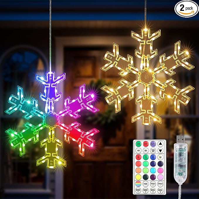 BrizLabs 2 Pack Christmas Window Lights with Remote, 61 Modes, Warm & Cool White & RGB Color Changing 12" Foldable Snowflake Hanging Christmas Lights for Xmas Indoor Outdoor Wall Door Fireplace Decor