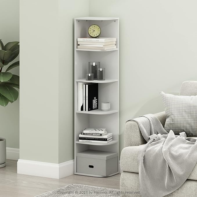 Furinno PASIR Book Shelf, 5-Tier Corner Bookshelf, Open Shelves Bookcase 9.3" x 12" x 51.7", for Living Room, Bedroom, Home Office, White