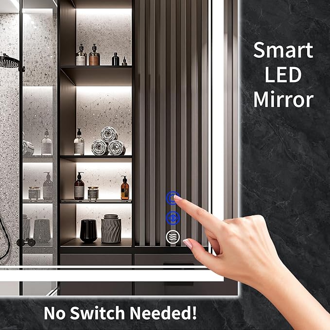 30"x22" LED Bathroom Mirror with Anti-Fog, Stepless Dimmable Lights, 3 Color Modes, Shatter-Proof Tempered Glass, Memory Function & Waterproof Design