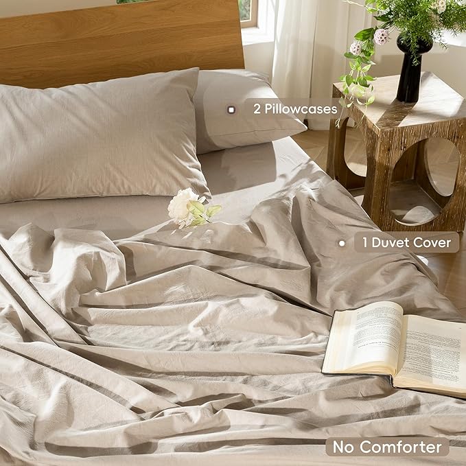 MooMee Bedding Duvet Cover Set 100% Washed Cotton Linen Like Textured Breathable Durable Soft Comfy (Heathered Taupe, Queen 90"x90")