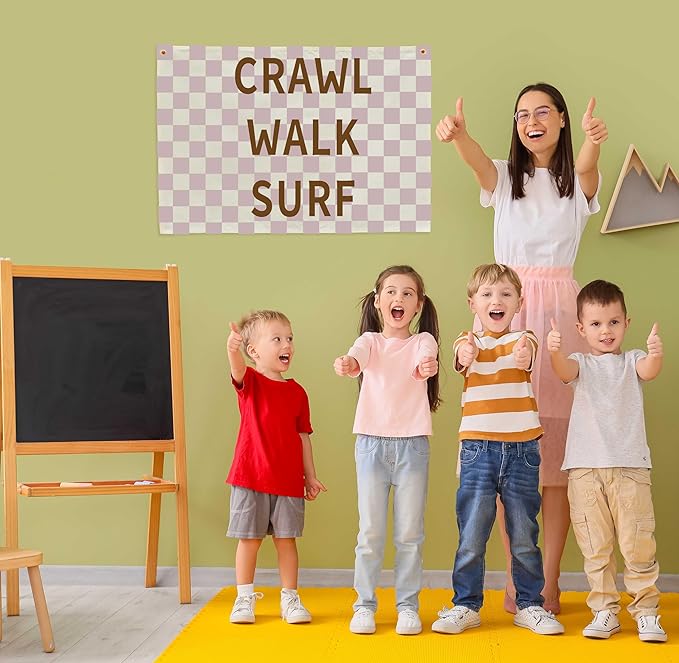 Nursery Rectangular Canvas Banner-Boho Flag Wall Sign Decor for Baby Boy Girl Kid,Baby Room Above Crib Playroom Reading Room Bedroom Decor-Crawl Walk Surf Theme-Baby Shower Birthday Christmas Gift