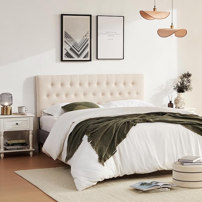Tufted Upholstered Headboard Twin Size, Solid Wood Head Board with Durable Metal Legs, Adjustable Height Twin XL headboard from 37” to 51” Fabric Headboard in Modern Button Design, Beige