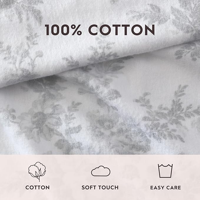Laura Ashley - Flannel Sheets Twin Size, Anti-Pilling & Wrinkle Resistant Cotton, Touchably Soft for All-Season Comfort - Bed Sheets with Matching Pillowcase & Fitted Sheet (Vanessa Grey)