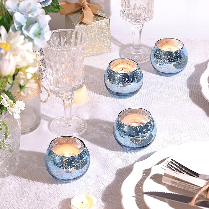 LAMORGIFT 36 Pcs Blue Votive Candle Holders - Mercury Glass Tealight Holders for Dusty Blue Wedding Decor, Centerpiece Table Decorations