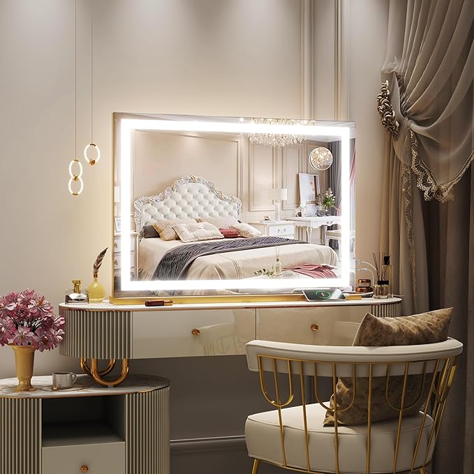 Vanity Mirror with Lights, 32" x 22" Large Lighted Vanity Mirror with Dimmable 3 Modes, LED Makeup Mirror, 10X Magnification, USB Charging Port, Tabletop or Wall-Mounted Square Gold