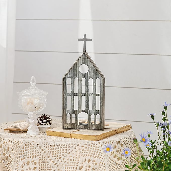 Church Shaped Tea Light Candle Holder Farmhouse Galvanized Metal Candle Holder Vintage Decorative Tealight Holder for Table Centerpiece Decoration - 4.53" x 1.97" x 10.43"