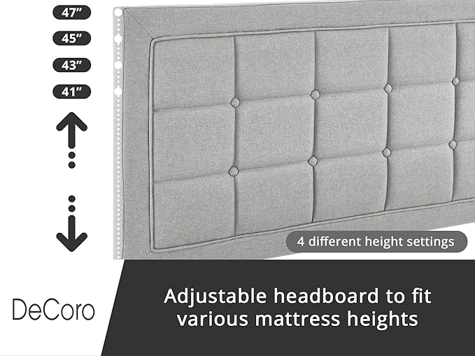 Decoro Mornington Upholstered 2.0 Platform Bed, Button-Tufted Fabric Headboard and Metal Frame with Wood Slat Support, Light Grey, King