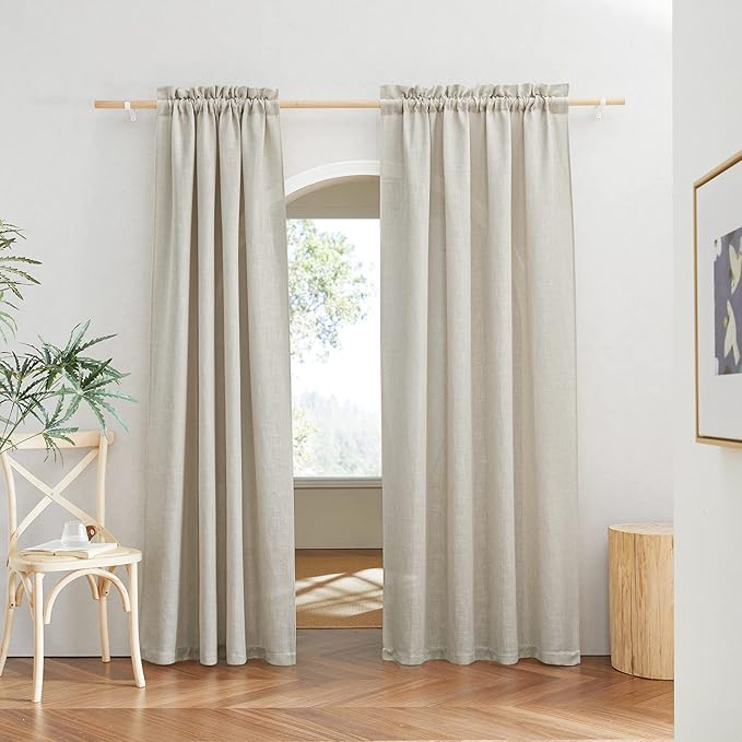 RYB HOME Linen Curtains for Living Room, Rod Pocket Soft Thick Linen Burlap 72 Inch Length Light Filtering Privacy Assured for Home Office Dining Room, W 34 x L 72 inches, Angora, 2 Panels Set