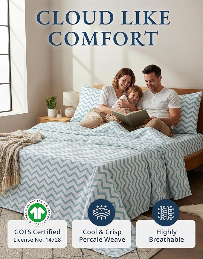 LANE LINEN 100% Organic Cotton Printed California King Sheets Set, 4-Piece All Seaons Soft & Comfy Mercerized Fully Elasticized Naturally Temperature Regulating Printed Cotton Cal King Sheets -Chevron
