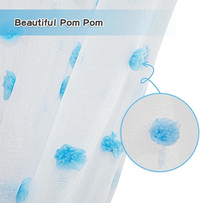 MYSKY HOME Light Blue Pom Pom Sheer Curtains for Girls Bedroom - 45 Inch, Light Filtering, Nursery, Kids Room, Rod Pocket, Cafe Style, Small Window Panels, 52 x 54 in, Set of 2