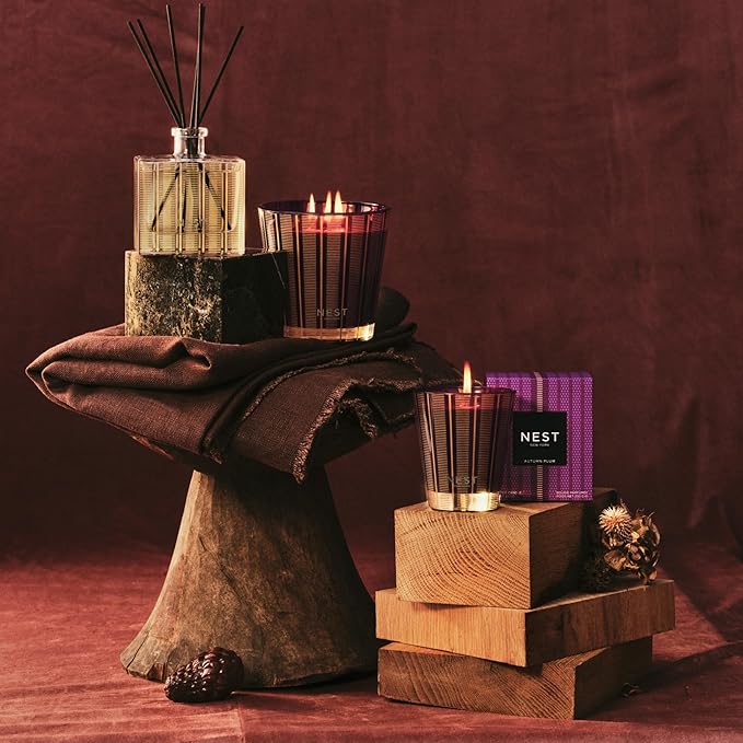 NEST New York Reed Diffuser, Autumn Plum - 5.9 fl oz - Fragrance for Up to 90 Days - Reusable, Refillable Glass Holder - Includes 8 All-Natural Reed Sticks - Flame Free