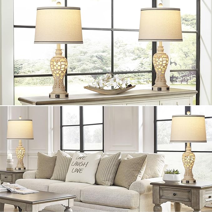 Table Lamps Set of 2, Farmhouse Table Lamps with Nightlight, Rustic Bedside Lamps with Dual USB & AC Outlet, 25.2'' Beige Vintage Nightstand Lamps for Bedroom Living Room, Bulbs Included