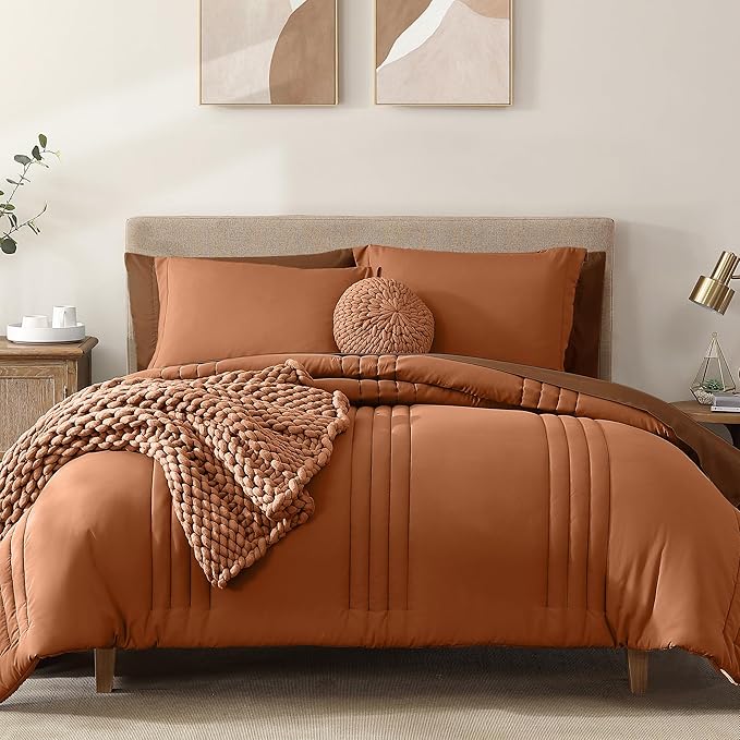 Monbix Oversized Queen Comforter Set - 7 Pieces Burnt Orange Bed in a Bag Queen Bedding Sets with Comforters, All Seasons Down Alternative Comforter Bed Set with Sheets,Pillowcases & Shams