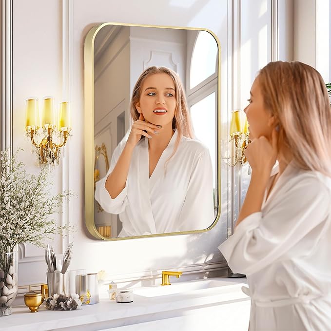 22"x30" Matte Gold Mirror for Wall, Brushed Metal Framed Rounded Corner Rectangular Mirror for Bathroom Vanity,Entryway,Living Room,Bedroom,Vertical or Horizontal