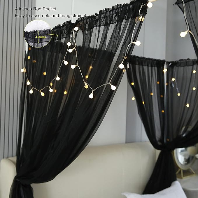 Akiky Canopy for Girls Room Black Bed Curtains Elegant Sheer Curtain for Twin Full Queen King Size Bed Drapes,8 Panels Canopies with Light,Room Décor(Twin,Black)