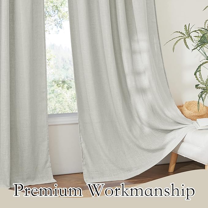 RYB HOME Linen Curtains 108 inches Long, Breathable Vintage Flax Linen Fabric Light Filtering Half Privacy Protected for Sliding Door Living Room Farmhouse, W 52 x L 108 inch, 2 Panels, Grey
