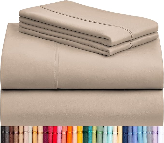 LuxClub 4 PC Full Sheet Set, Breathable Luxury Bed Sheets, Deep Pockets Wrinkle Free Cooling Bed Sheets Machine Washable Hotel Bedding Silky Soft - Light Khaki Full