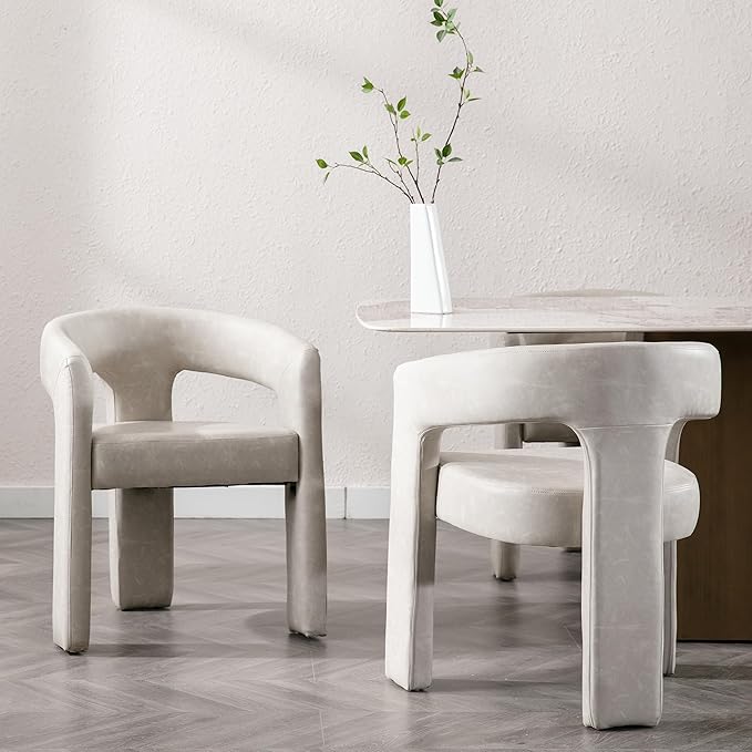 Modern Barrel Dining Chair Grey PU Leather Upholstered Accent Side Chair with Arms Comfy Makeup Vanity Chair Dining Living Room Kitchen Chair, Grey