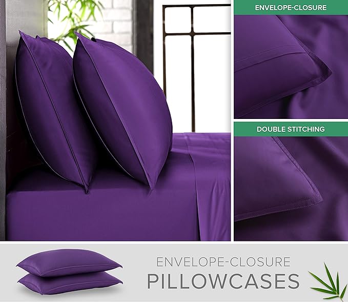Queen Sheets by Pure Bamboo, Genuine 100% Organic Viscose Derived from Bamboo Bed Sheet Set, Luxuriously Soft & Cooling, Double Stitching, Lifetime Quality Promise (Queen, Purple)
