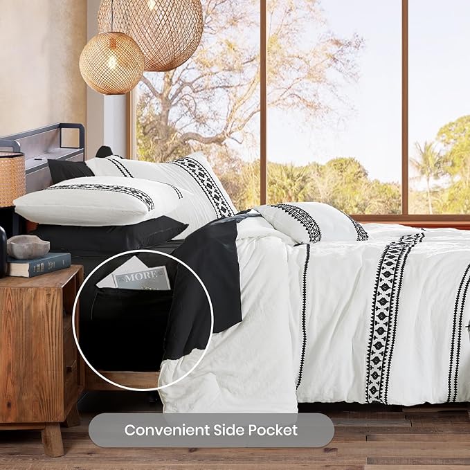 MaiRêve Embroidery Comforter Set King Size 7 Pieces, Boho Farmhouse Western Bedding All Season Bed in A Bag, White Black King Comforter Set with Sheets, Pillowcases & Shams