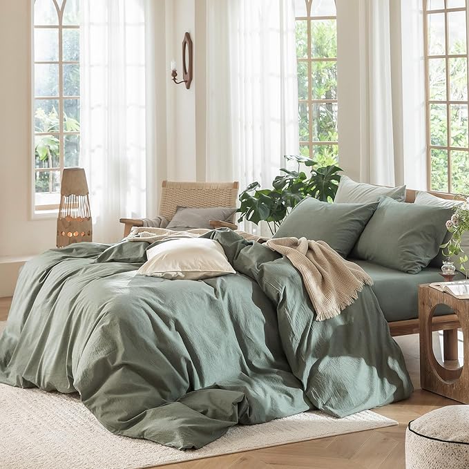 MooMee Bedding Duvet Cover Set 100% Washed Cotton Linen Like Textured Breathable Durable Soft Comfy (Heathered Green, Oversized Queen 98"x98")