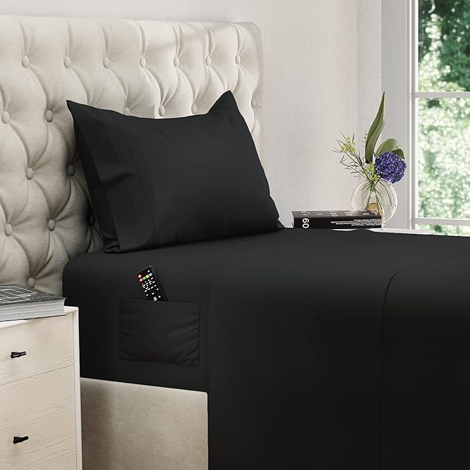 DREAMCARE Twin XL Sheet Sets – 3pcs Cooling Sheets – up to 15” Deep Pocket Twin XL Sheets Set – Hotel Luxury Sheets & Pillowcases – Superior Softness 100% Fine Microfiber with Side Pocket – Black