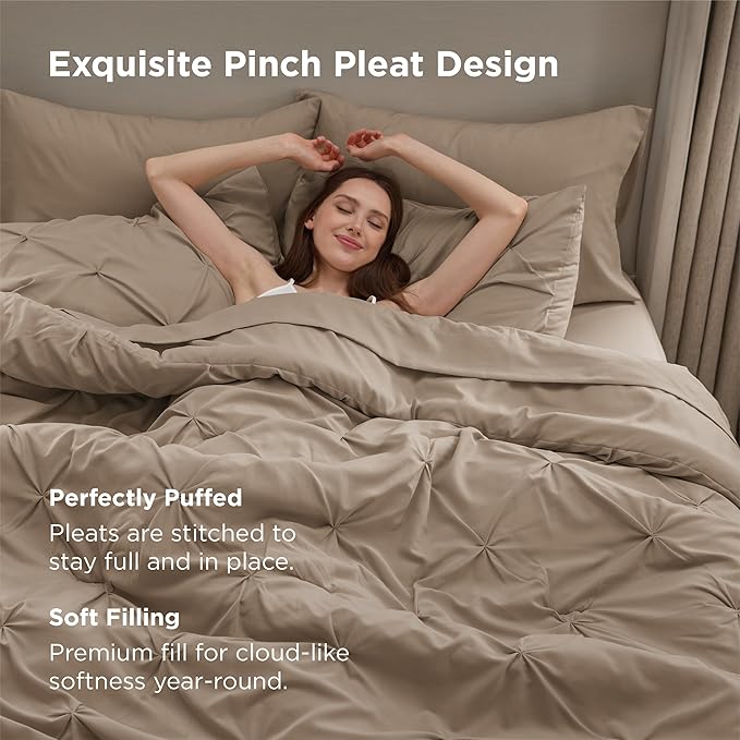 Bedsure King Size Comforter Set Khaki - Bed in a Bag Bedding Set 7 Pieces, GentleSoft™ Pintuck Bed Set Gift for Family, Pinch Pleat Khaki Comforter with Sheets, Pillowcases & Shams