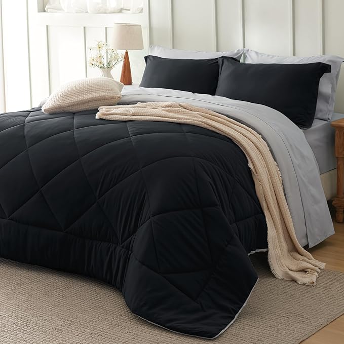 Bedsure Twin Comforter Set - 5 Pieces Reversible Black Bedding, Twin Size Bed Set for All Seasons, Bed in a Bag with Down Alternative Comforter, Sheets, Pillowcase & Sham