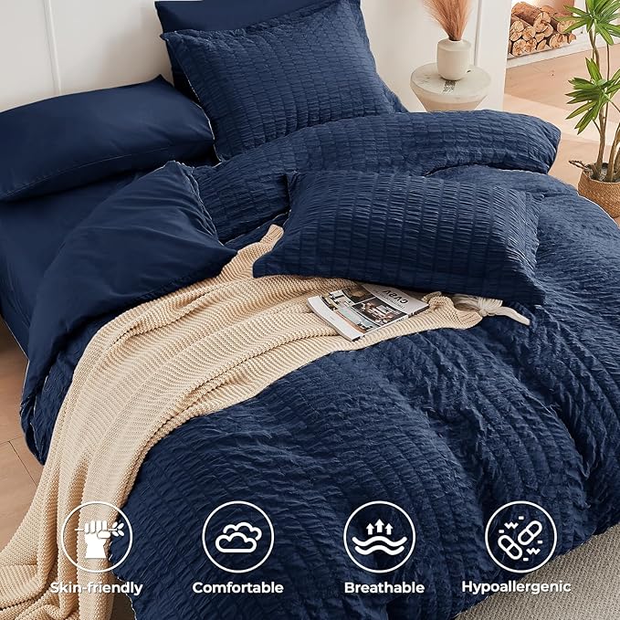 HYMOKEGE Navy Blue Oversized Queen Comforter Set Seersucker 7 Pieces, All Season Luxury Bed in a Bag for Bedroom, Bedding Set with Comforter, Sheets, Pillowcases & Shams