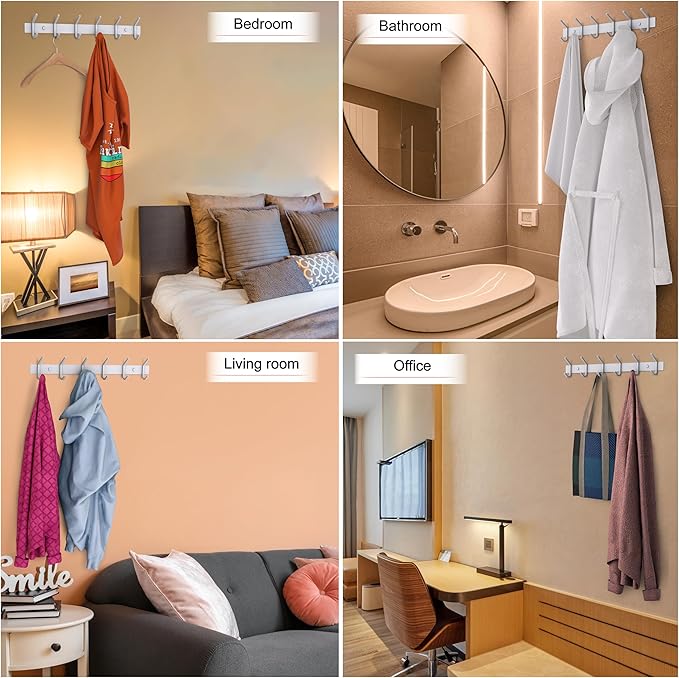 White Coat Rack Wall Mount – 17 Inch Stainless Steel Hook Rail with 6 Heavy Duty Double Coat Hooks – Wall Mounted Coat Hanger for Entryway, Bathroom, Bedroom, Towel, Hat Organizer