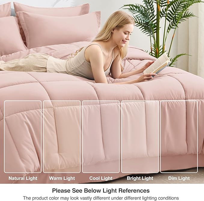 Love's cabin King Size Comforter Set Blush Pink, 7 Pieces King Bed in a Bag, All Season Bedding Sets with 1 Comforter, 1 Flat Sheet, 1 Fitted Sheet, 2 Pillowcase and 2 Pillow Sham