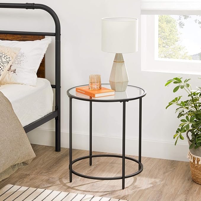 VASAGLE Round Side Table, Glass End Table with Metal Frame, Black Coffee Table with Modern Style, for Living Room, Balcony, Bedroom, Black