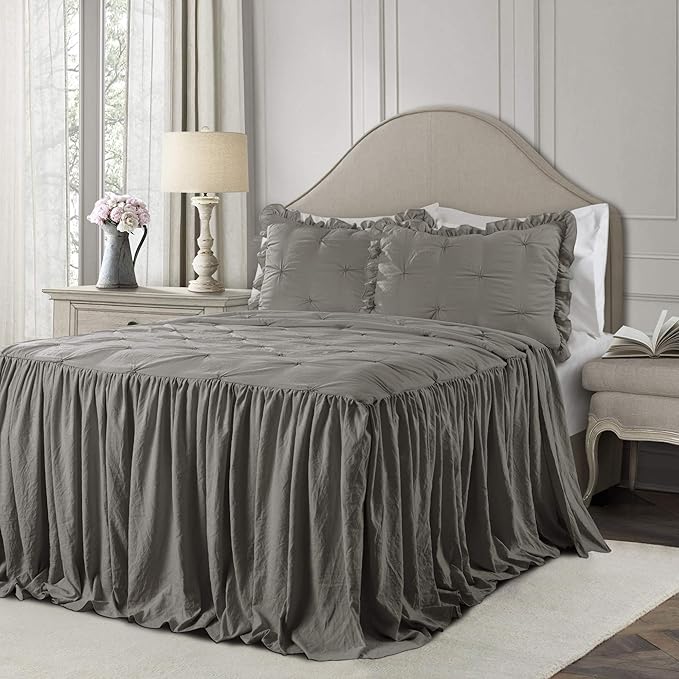 Lush Decor Ravello Pintuck Ruffle Skirt Bedspread Set - Luxe 2 Piece Ruffled Bedding Set - Traditional Glam & Farmhouse Inspired Bedroom Decor - Twin, Dark Gray