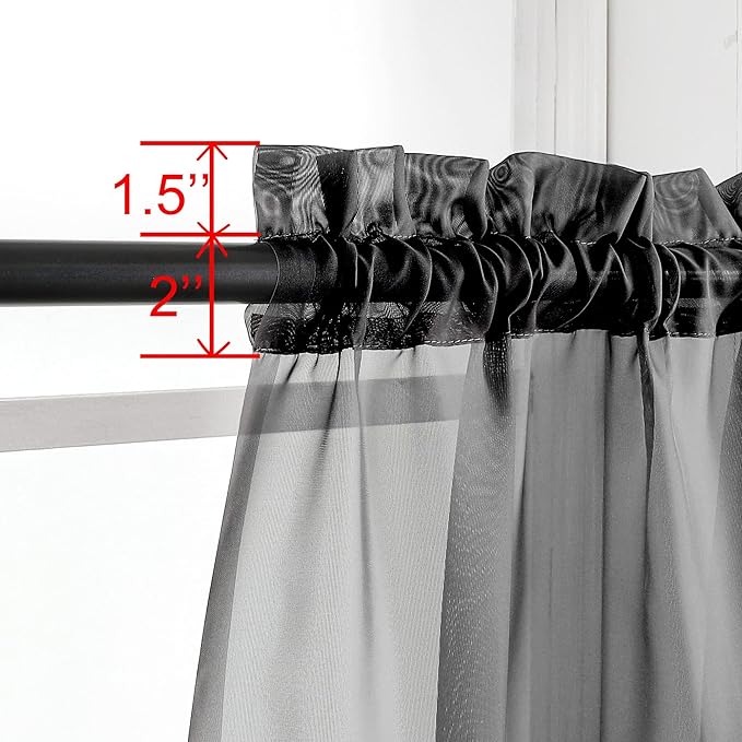 OWENIE Short Black Sheer Curtains 36 Inches 2 Panels Set - Kitchen Tiers Valances Curtains Light Filter Rod Pocket Voile Cafe Curtains for Kitchen Bathroom Small Half Window, 42 in W x 36 in L, Black