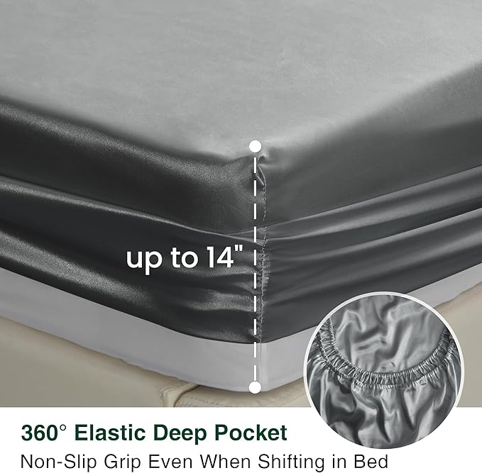Love's cabin Twin Satin Sheet Sets - 3 Piece Dark Grey Silky Bed Sheets with Deep Pockets, Luxury Silk Feel Satin Twin Size Sheet Set Bedding Set (1 Flat Sheet,1 Fitted Sheet,1 Pillow case)