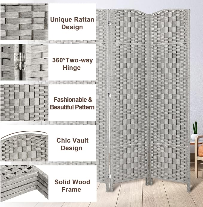 Rose Home Fashion 6 ft Tall Room Divider, Room Dividers and Folding Privacy Screens, 15.7in Privacy Screen 6 Panel Partition Temporary Wall Separation for Private, Stone Grey
