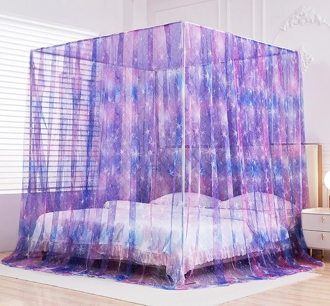 Mengersi Tie Dye Canopy Bed Curtains with Lights,Gradient Ombre Bed Canopy for Girls,Canopy for Bed Princess Bed Drapes for Girls Room Decor(King,Purple)