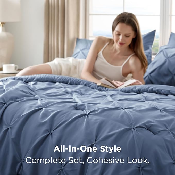 Bedsure California King Comforter Set - Bed in a Bag Cal King Bedding Set 7 PCS, GentleSoft™ Pintuck Bed Set Gift for Family, Pinch Pleat Slate Blue Comforter with Sheets, Pillowcases & Shams