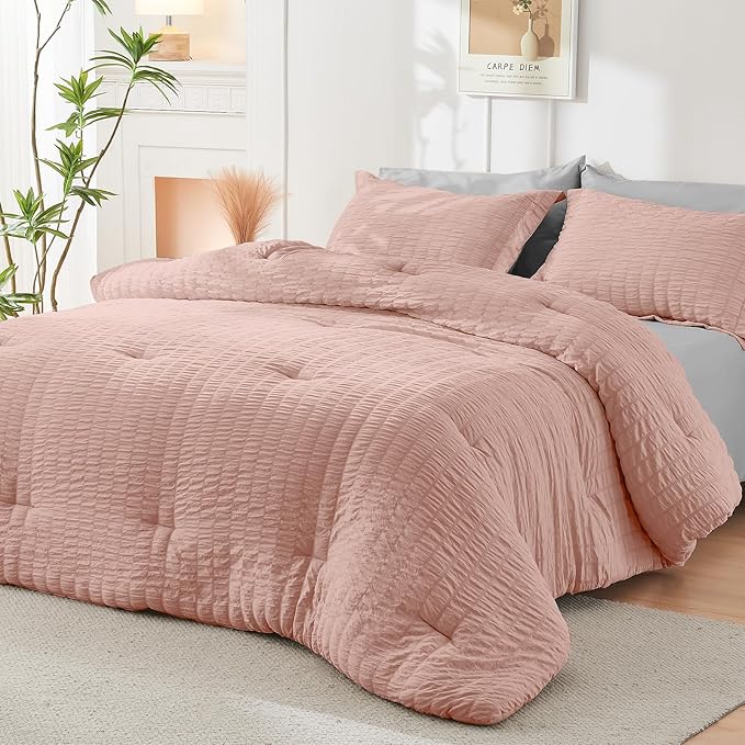 HYMOKEGE Rose Gold/Light Grey Twin Comforter Set Seersucker 5 Pieces, All Season Luxury Bed in a Bag for Bedroom, Bedding Set with Comforter, Sheets, Pillowcase & Sham