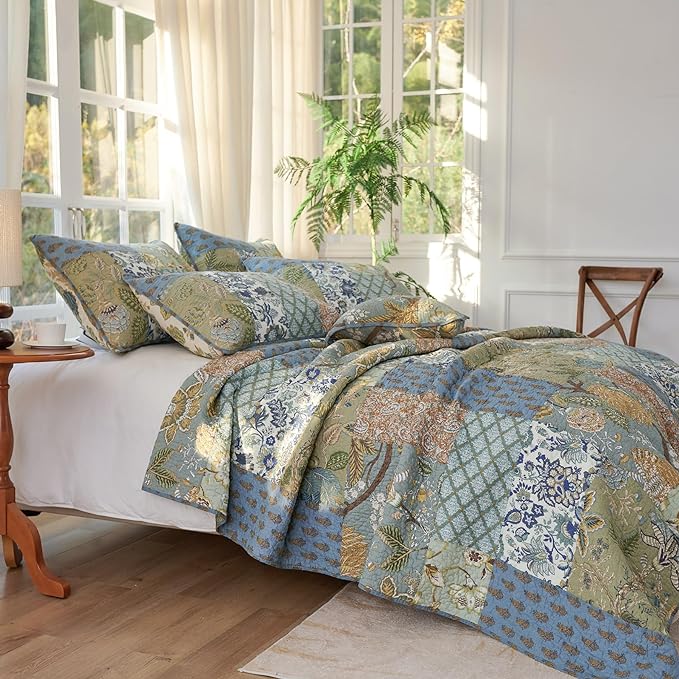 Secgo California King Quilt Size - 100% Cotton Oversized California Comforter Set Green Bedding Sets (120 * 110 Inch) with 2 Pillow Shams, Patchwork Reversible Lightweight Bedspread