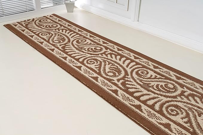 Custom Length Cut to Size Tribal Ethnic Southwestern Inspired Hallway Runner Rug, Non Slip Rubber Backed, 31 inch Wide X Customized Length, Mayan Brown, 31 inch X 6 feet
