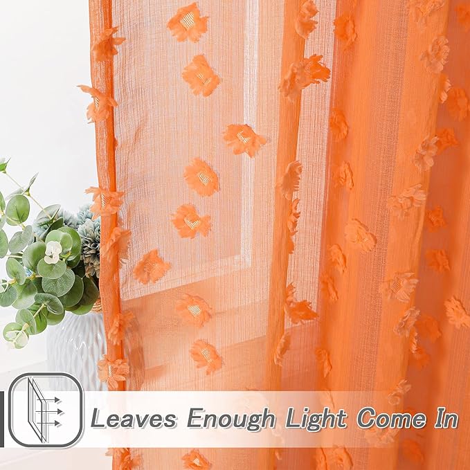 MYSKY HOME Orange Sheer Short Curtains with Pom Pom for Small Windows Bedroom Nursery Kids Girls Room Curtains Cafe Kitchen Light Filtering Boho Drapes, Rod Pocket,38 x 54 Inches, 2 Panels